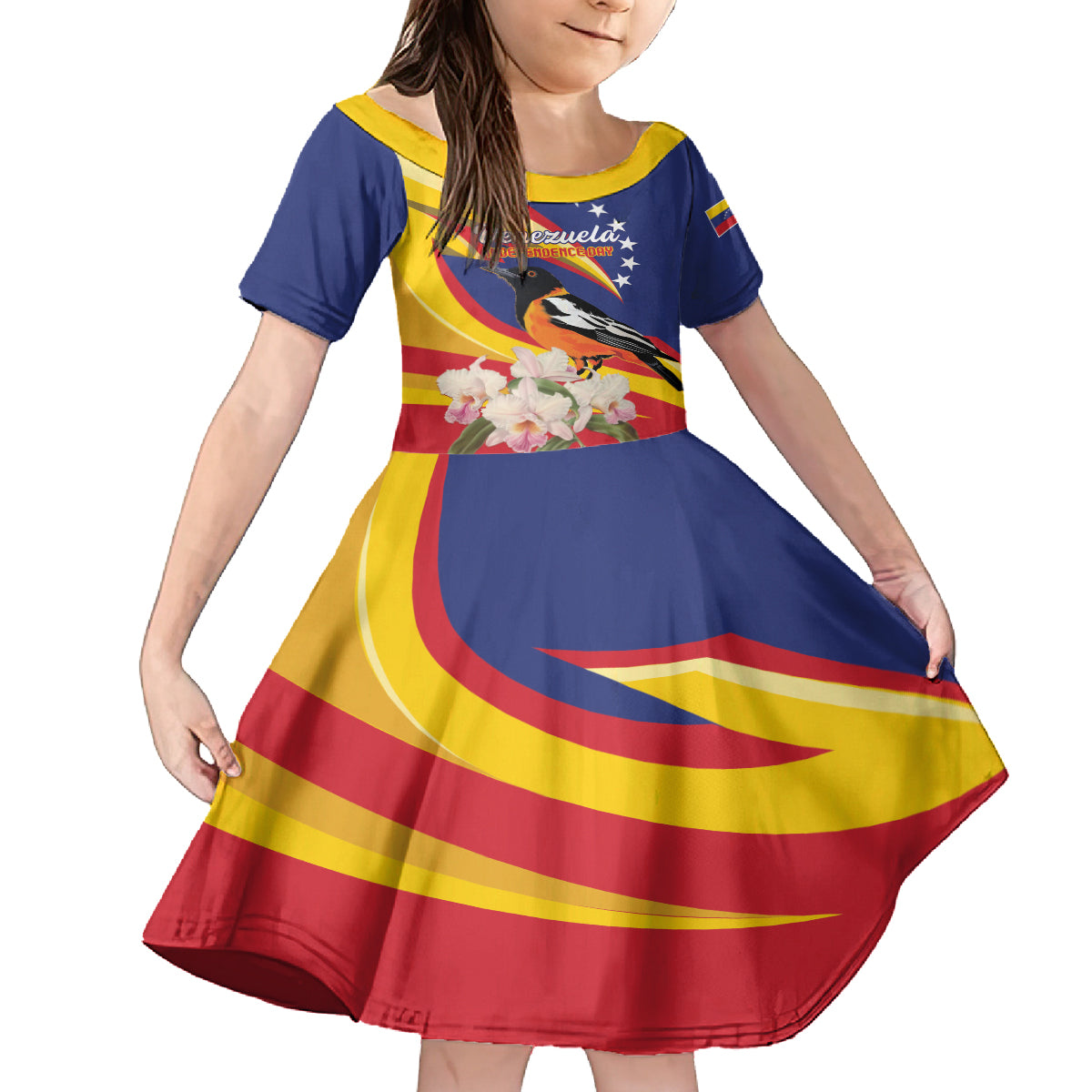 Venezuela Independence Day Kid Short Sleeve Dress Venezuelan Troupial Cattleya Mossiae - Wonder Print Shop