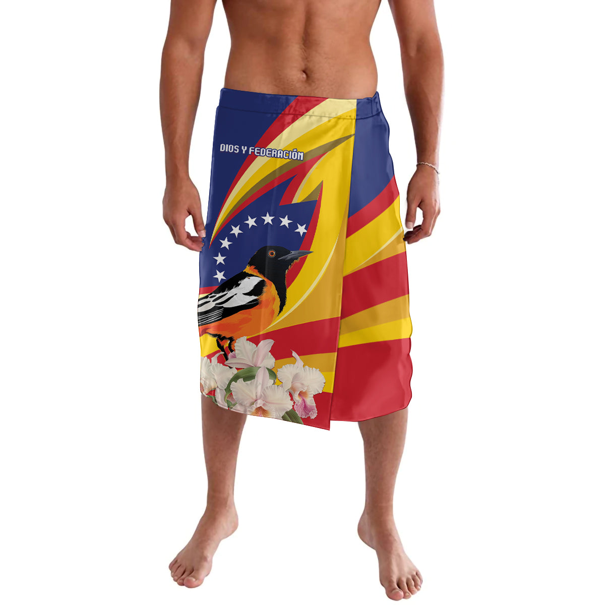 Men's knee-length wrap skirt with blue waistband, featuring Venezuela flag and bird graphic