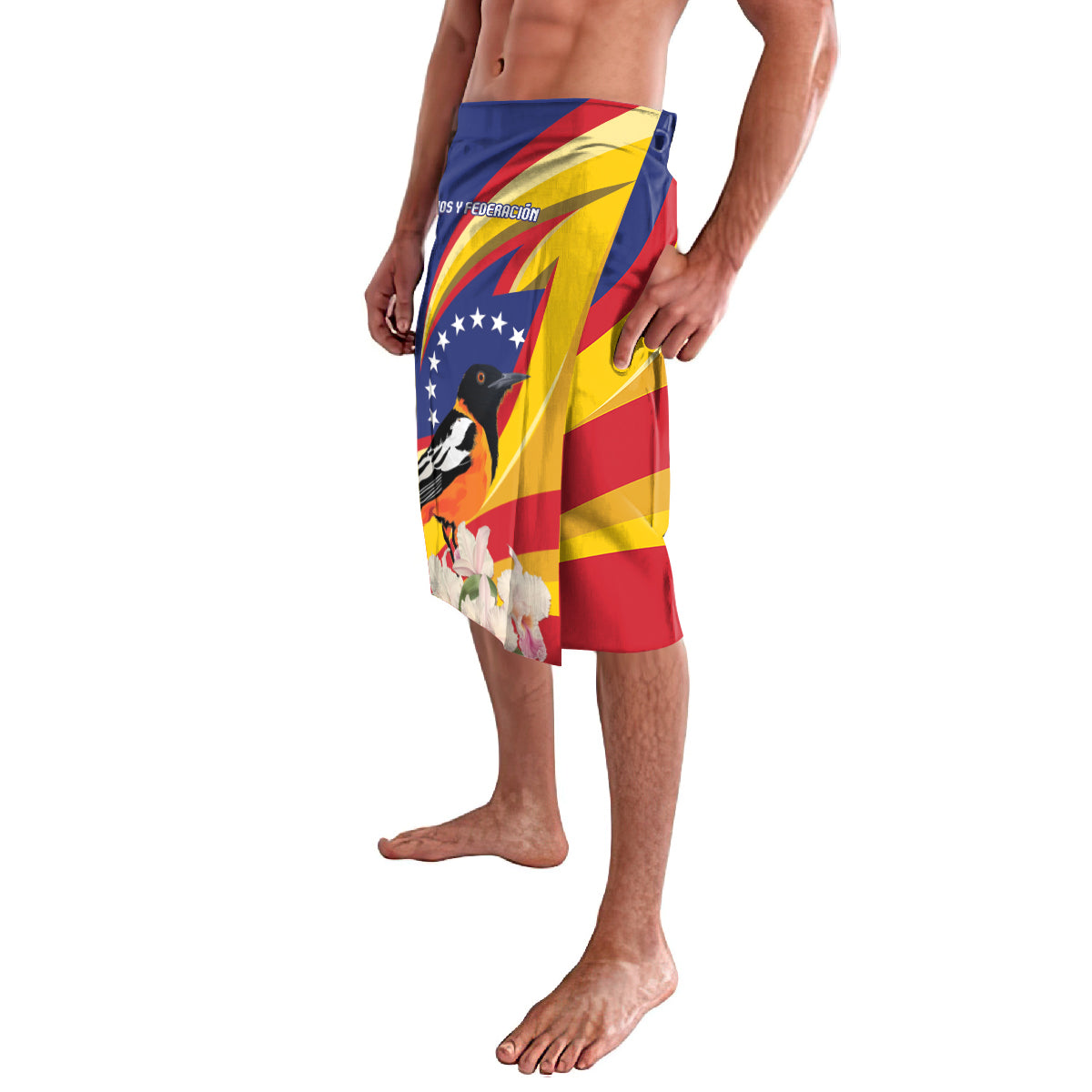 Men's knee-length wrap skirt, side view, Venezuela flag colors with bird and flowers