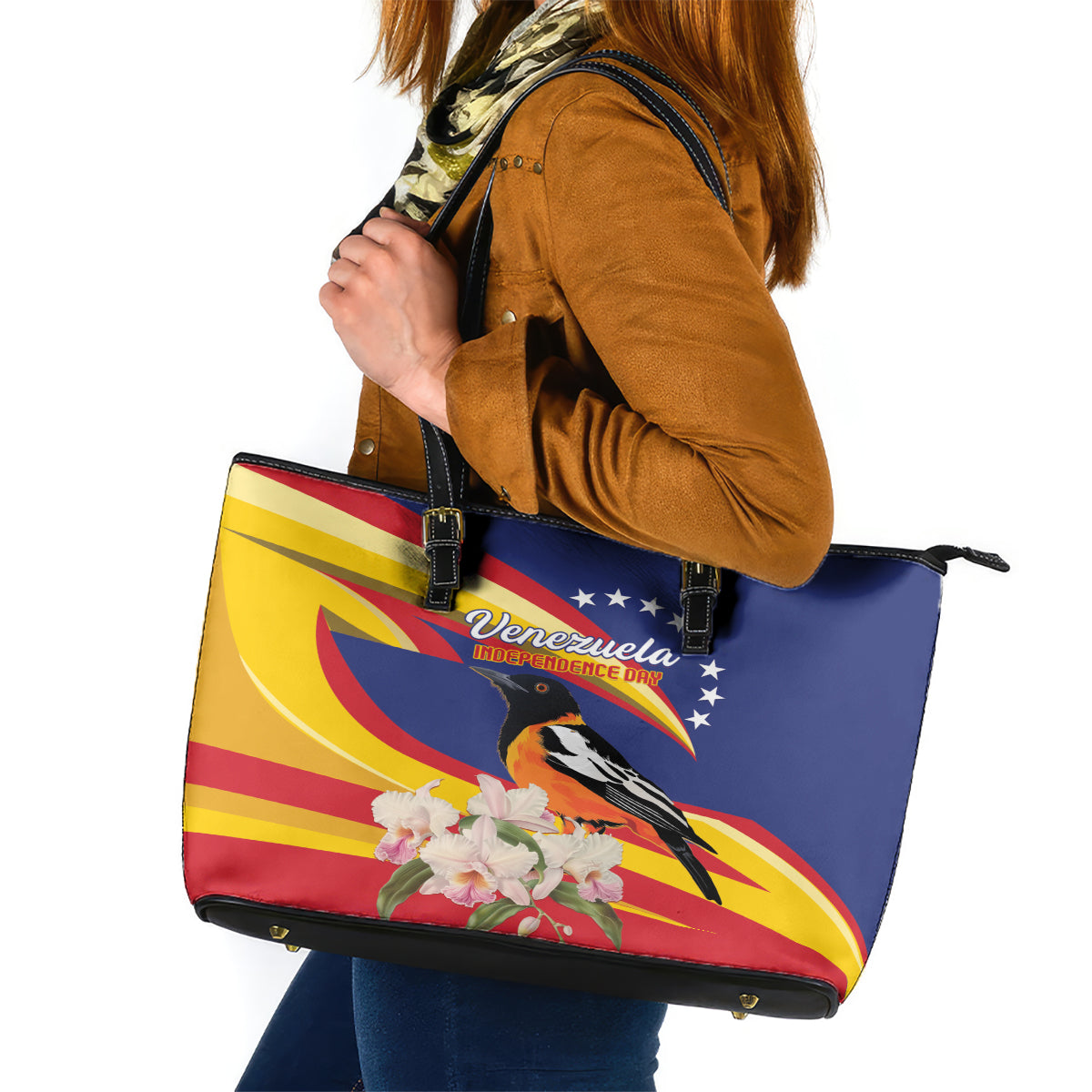 Venezuela Independence Day Leather Tote Bag Venezuelan Troupial Cattleya Mossiae - Wonder Print Shop