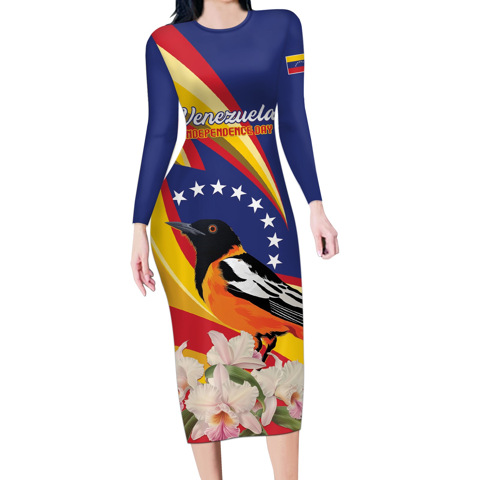 Venezuela Independence Day Long Sleeve Bodycon Dress Venezuelan Troupial Cattleya Mossiae - Wonder Print Shop