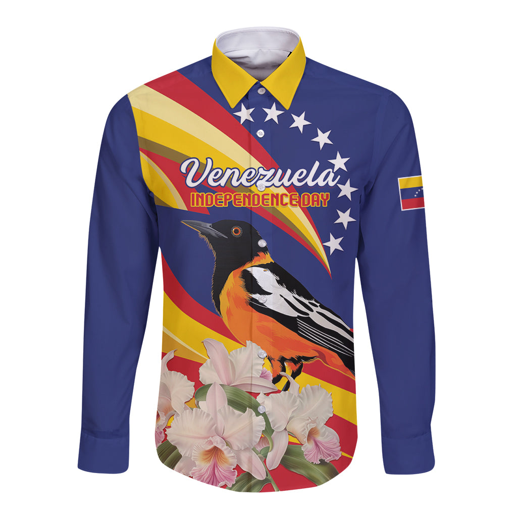 Unisex blue long-sleeve button shirt with colorful bird and flower front graphic