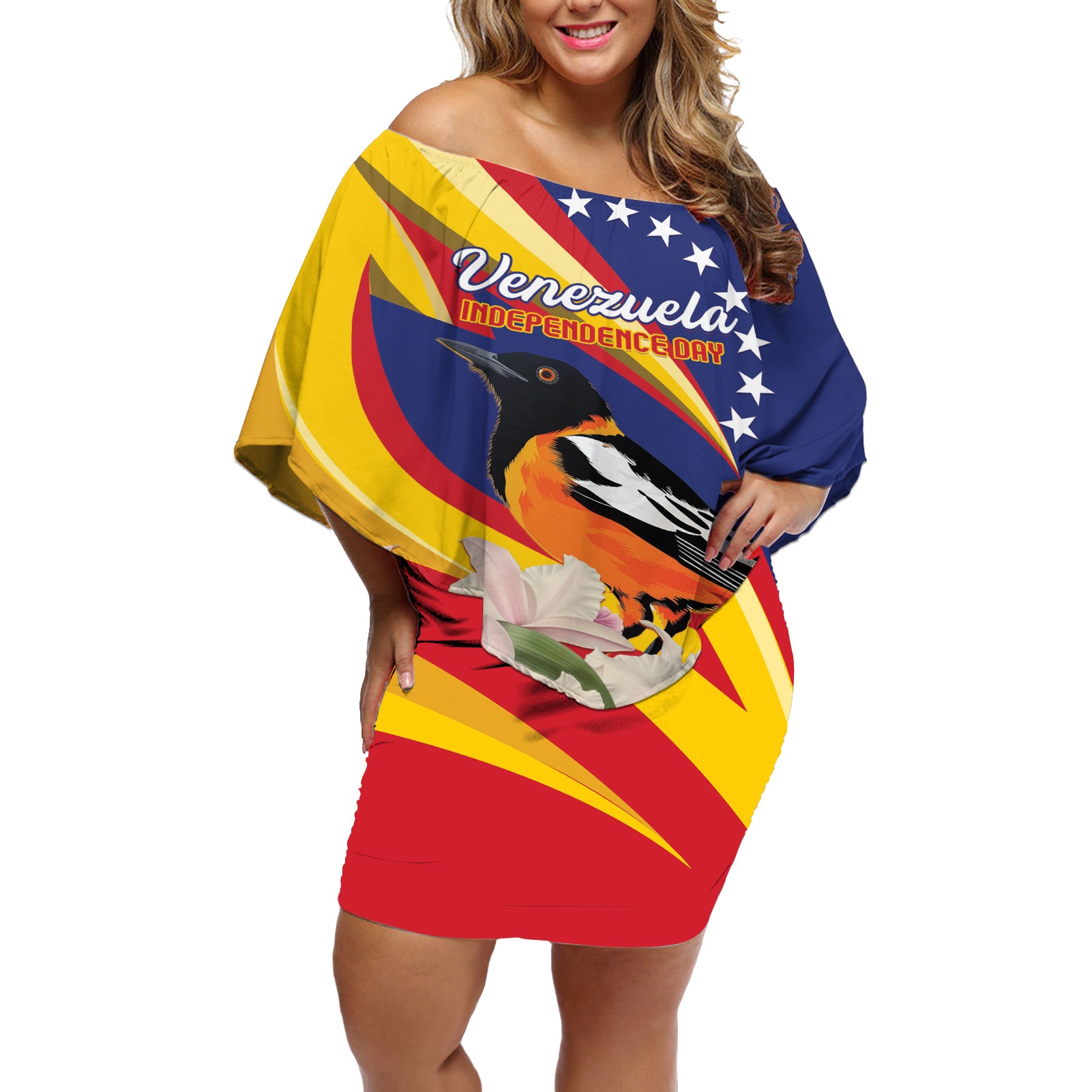 Venezuela Independence Day Off Shoulder Short Dress Venezuelan Troupial Cattleya Mossiae - Wonder Print Shop