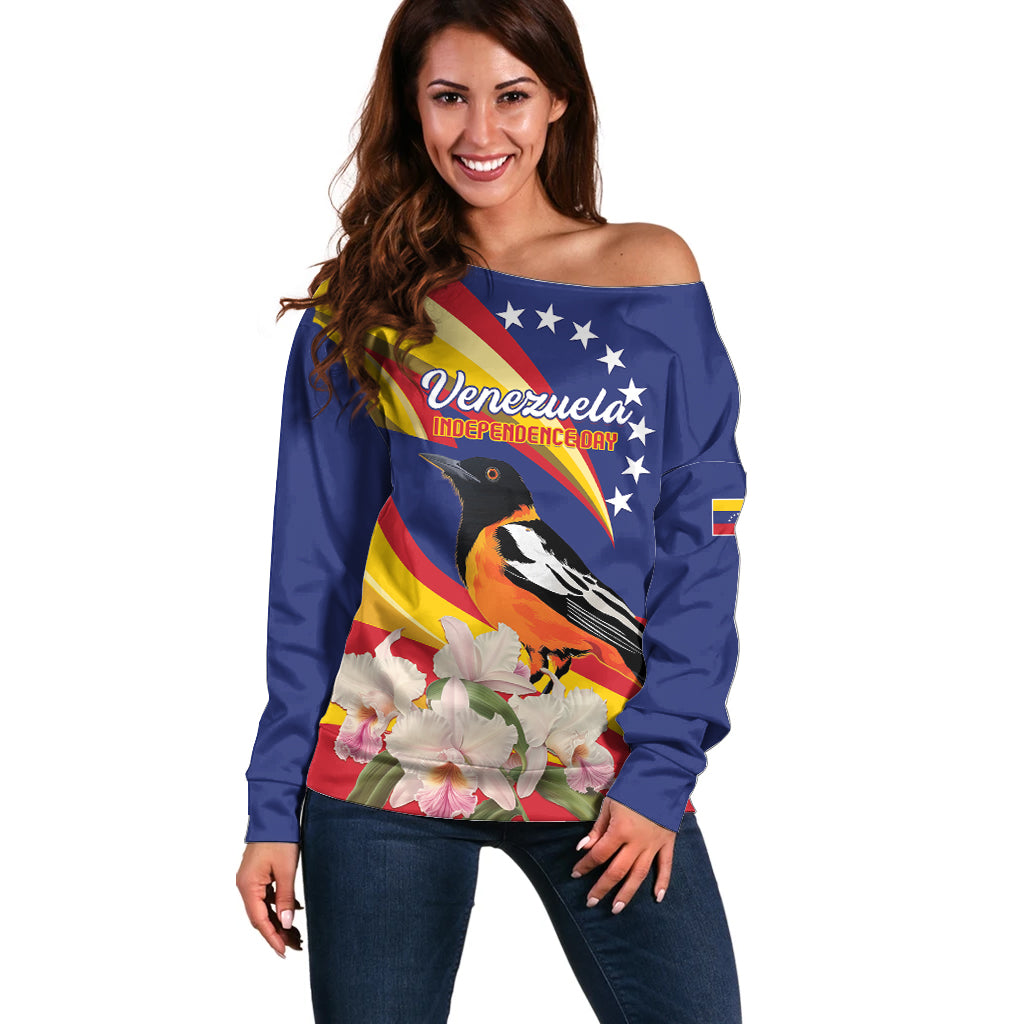 Venezuela Independence Day Off Shoulder Sweater Venezuelan Troupial Cattleya Mossiae - Wonder Print Shop