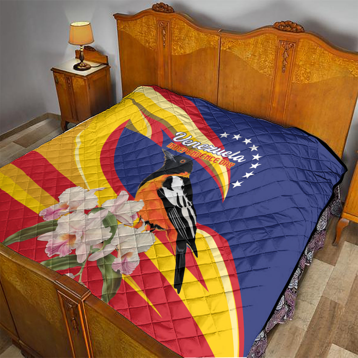 Venezuela Independence Day quilt with Venezuela flag, black-and-orange bird, white flowers