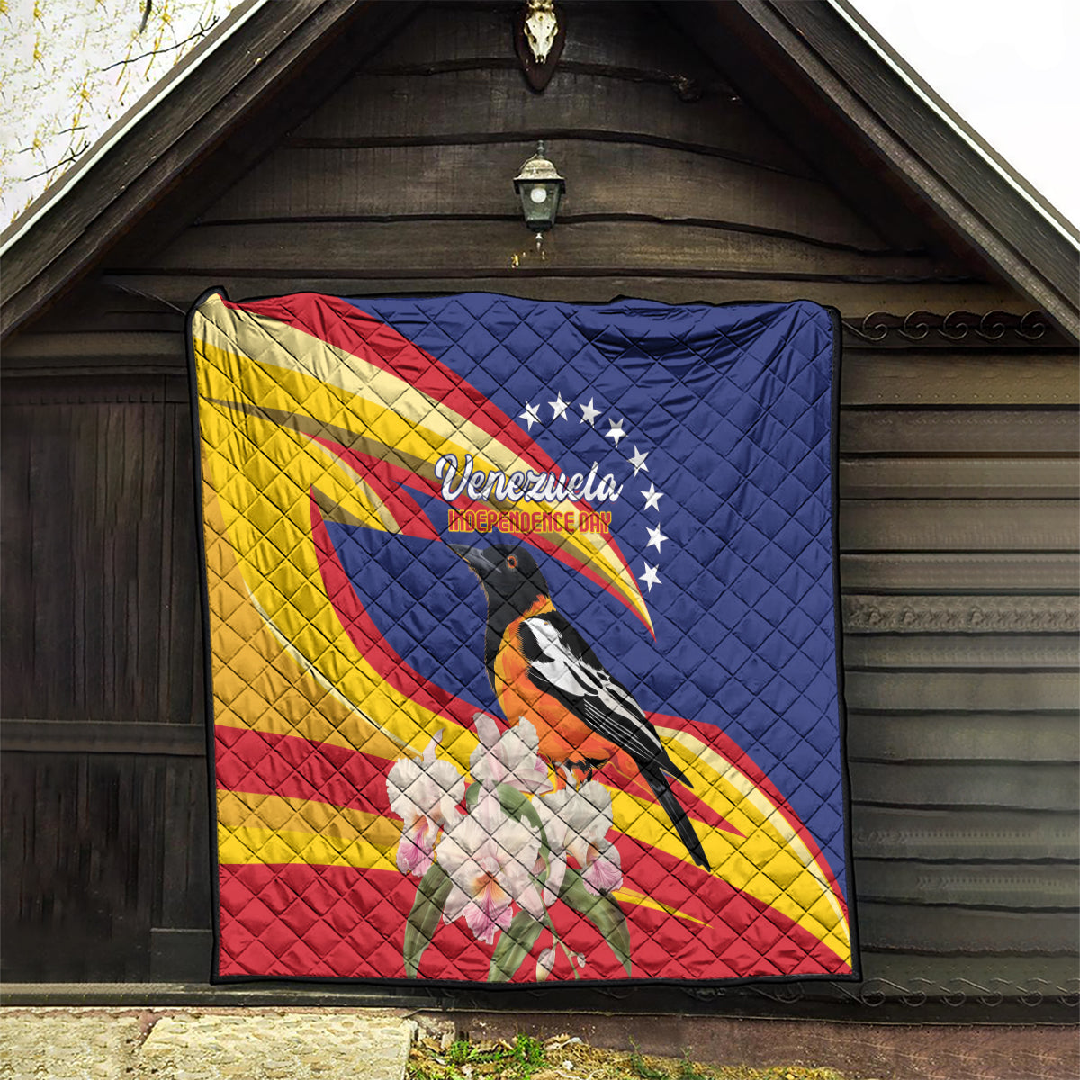 Venezuela Independence Day wall quilt, Venezuela flag with bird and white flower detail