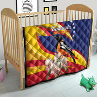 Venezuela Independence Day quilt on crib, Venezuela flag design with bird and white blossoms