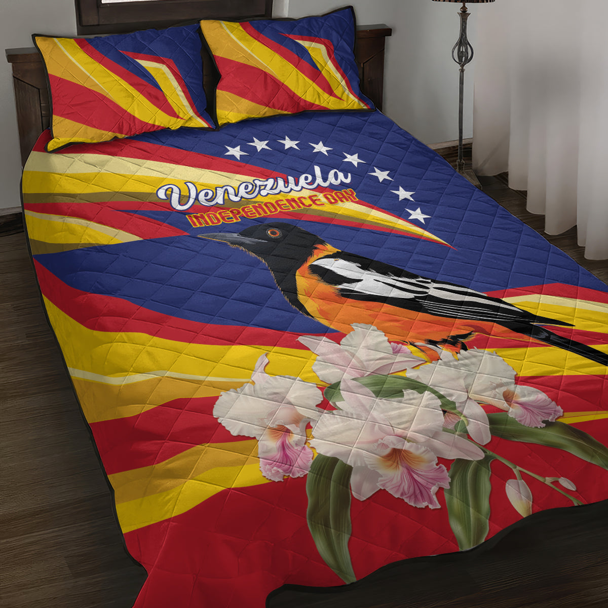 Venezuela Independence Day Quilt Bed Set Venezuelan Troupial Cattleya Mossiae - Wonder Print Shop