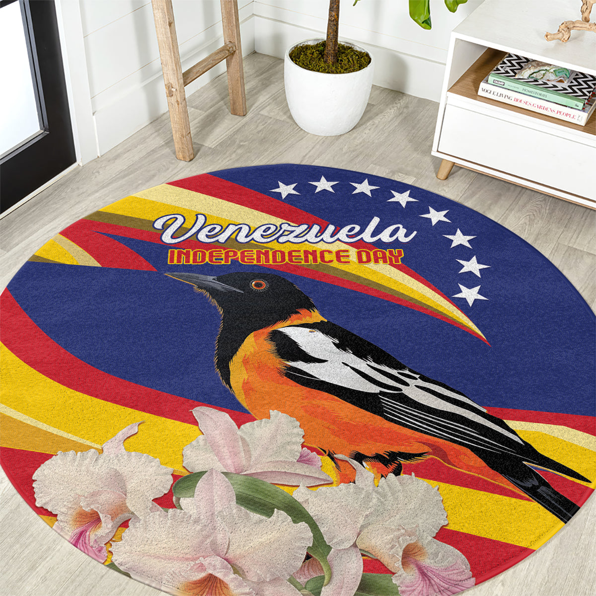 Round blue Venezuela independence day rug with tropical bird and floral accents