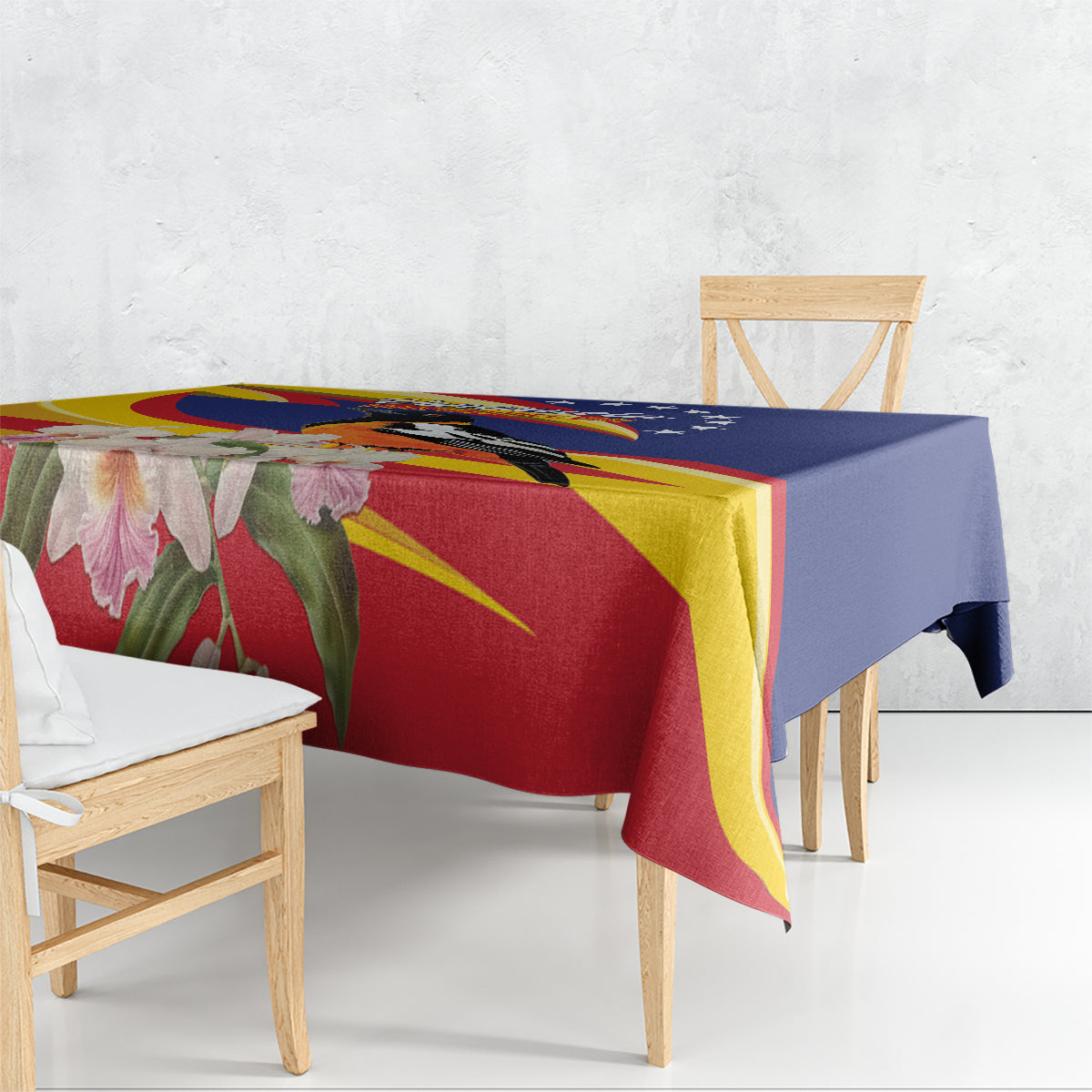 Blue-edged tablecloth over chairs, showing red floral and yellow streak pattern