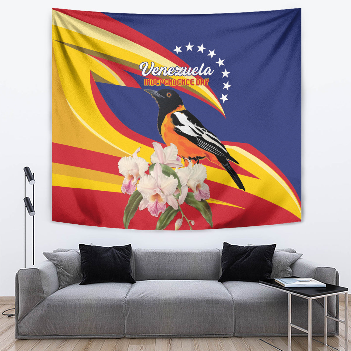 Venezuela flag tapestry with black-and-orange bird, white orchids, and red-yellow rays