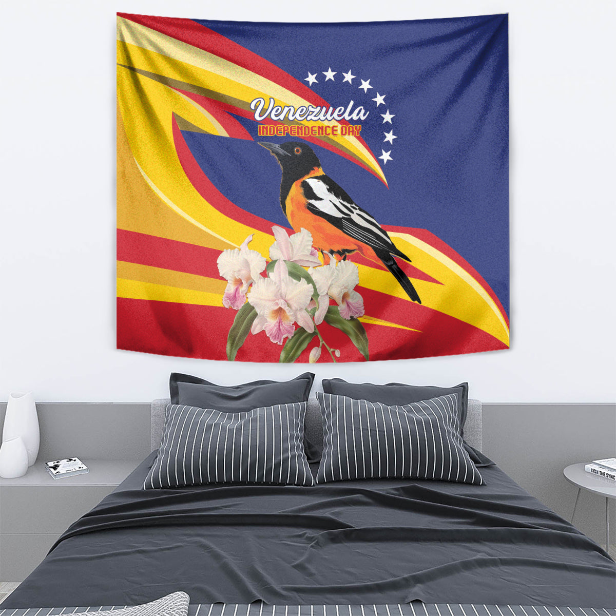 Venezuela independence day tapestry with bird artwork, white orchids, and red-yellow wave rays