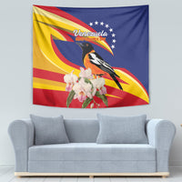 Venezuela flag wall tapestry with a black-and-orange bird and pink-white orchids