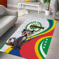 Comoros flag area rug with cartoon lemur, white patterned border, and green emblem
