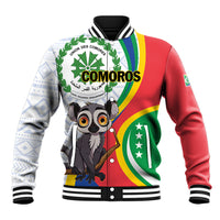 Baseball jacket with red, green, yellow, and white panels; lemur graphic.