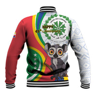 Baseball jacket with back graphic text 'Happy 49th Anniversary' and lemur illustration.