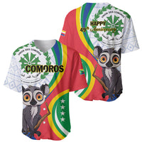 Comoros independence baseball jersey with lemur art, COMOROS text, and flag stripes