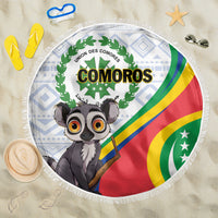 Round fringed beach blanket showing a lemur portrait and Comoros flag with COMOROS title