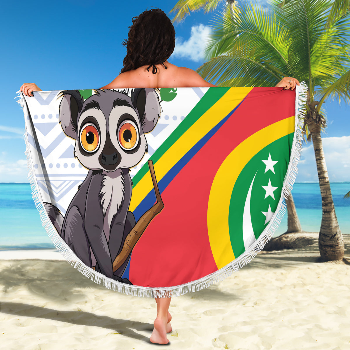 Round fringed beach blanket featuring a cartoon lemur and the Comoros flag with COMOROS text