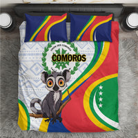 Comoros bedding set with lemur graphic and flag colors, featuring matching striped pillow shams
