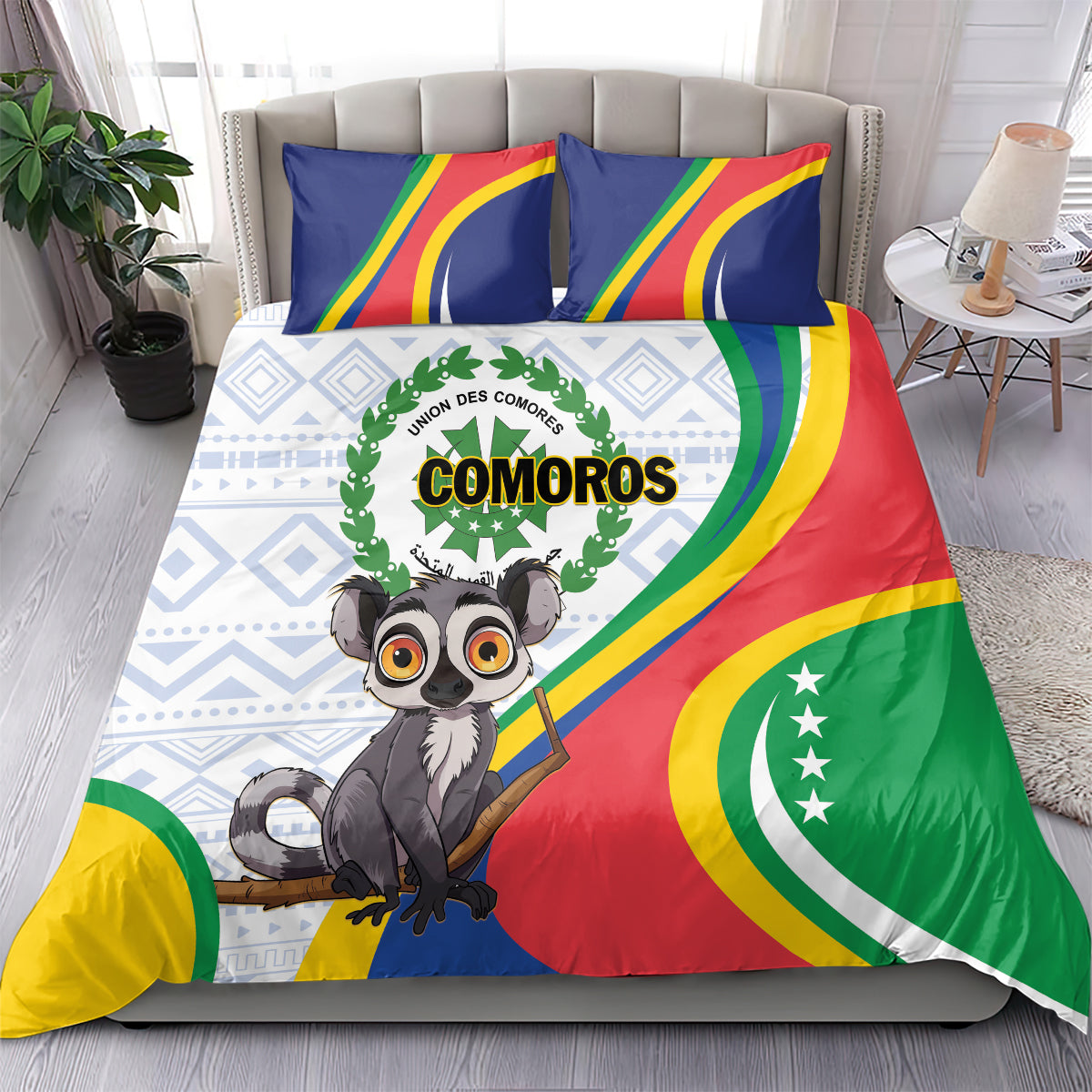Comoros duvet with lemur illustration and flag design, with two blue striped pillow covers