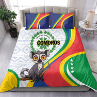 Comoros duvet with lemur illustration and flag design, with two blue striped pillow covers