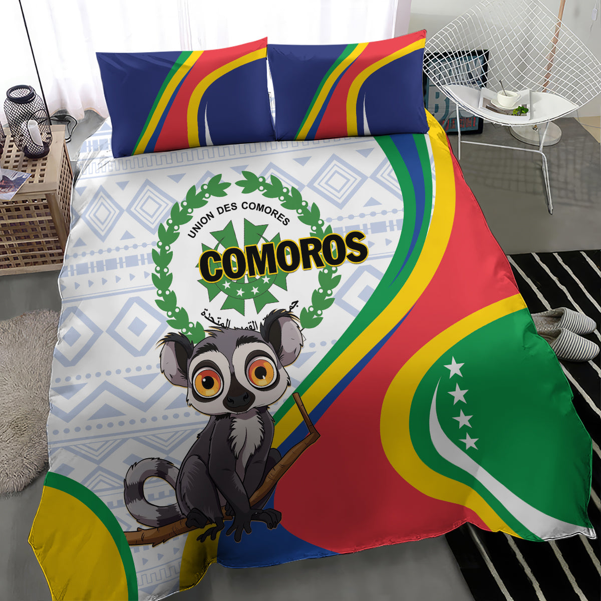 Comoros bedding set close-up: lemur artwork on flag-colored duvet and striped pillow shams