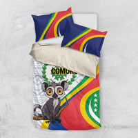 Comoros bedding set with lemur print on duvet and blue-striped pillow covers
