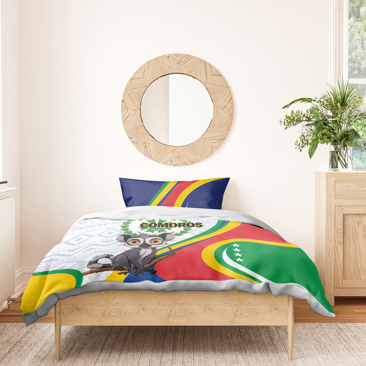 Comoros bedding set: duvet with lemur emblem and flag colors, styled on a bed