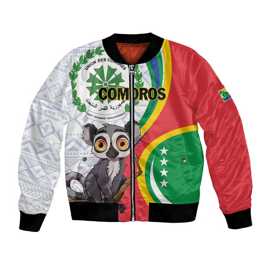 Unisex bomber jacket with colorful Comoros flag panels, lemur graphic, ribbed cuffs