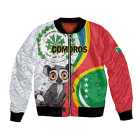 Unisex bomber jacket with colorful Comoros flag panels, lemur graphic, ribbed cuffs
