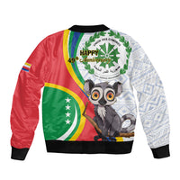 Unisex bomber jacket with red/green flag art, HAPPY 49th anniversary text, lemur