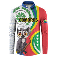 Comoros button-collar sweatshirt with lemur graphic and red-green-yellow stripes