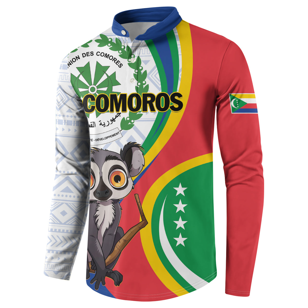 Comoros button-collar sweatshirt, lemur graphic with red side panel and green accents