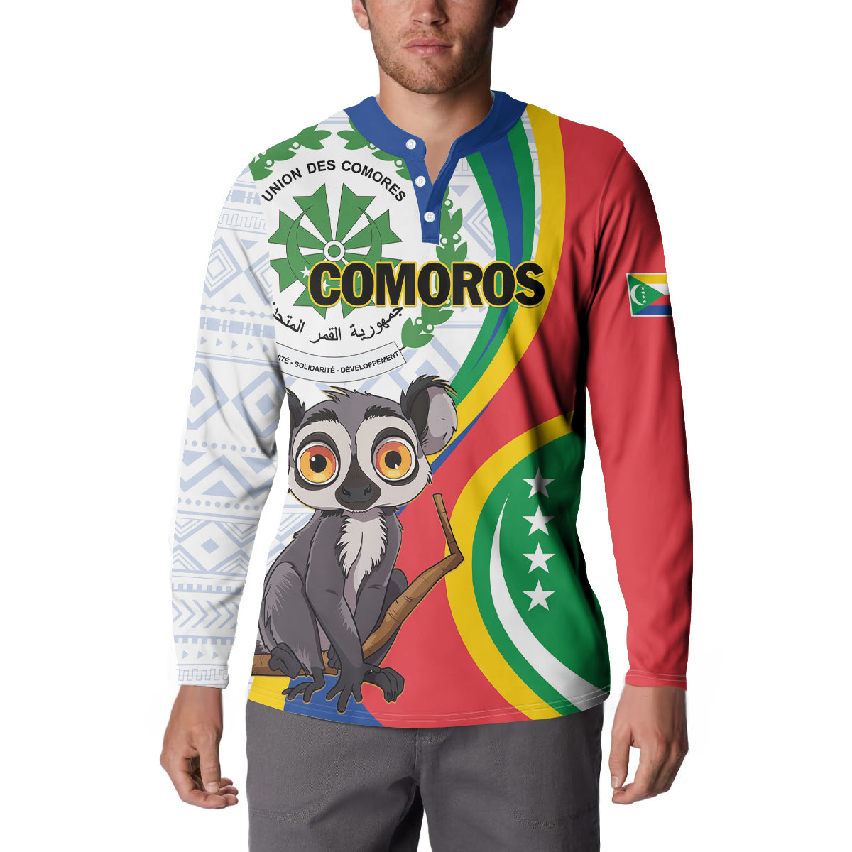 Comoros themed button-collar sweatshirt worn by model, front lemur graphic on stripes