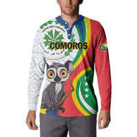 Comoros themed button-collar sweatshirt worn by model, front lemur graphic on stripes