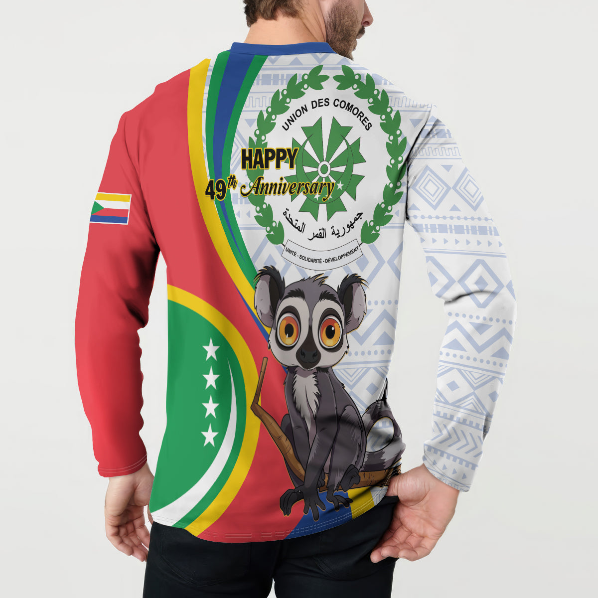 Comoros button-collar sweatshirt back, 'Happy 49th Anniversary' with lemur and stripes