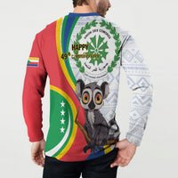Comoros button-collar sweatshirt back, 'Happy 49th Anniversary' with lemur and stripes