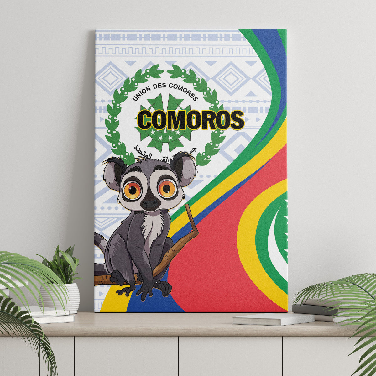 Canvas wall art featuring a lemur holding a staff with COMOROS crest and flag stripes