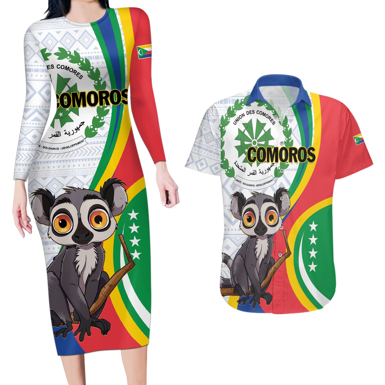 Comoros Independence Day Couples Matching Long Sleeve Bodycon Dress and Hawaiian Shirt 1975 Komori Mongoose Lemur African Pattern - Wonder Print Shop