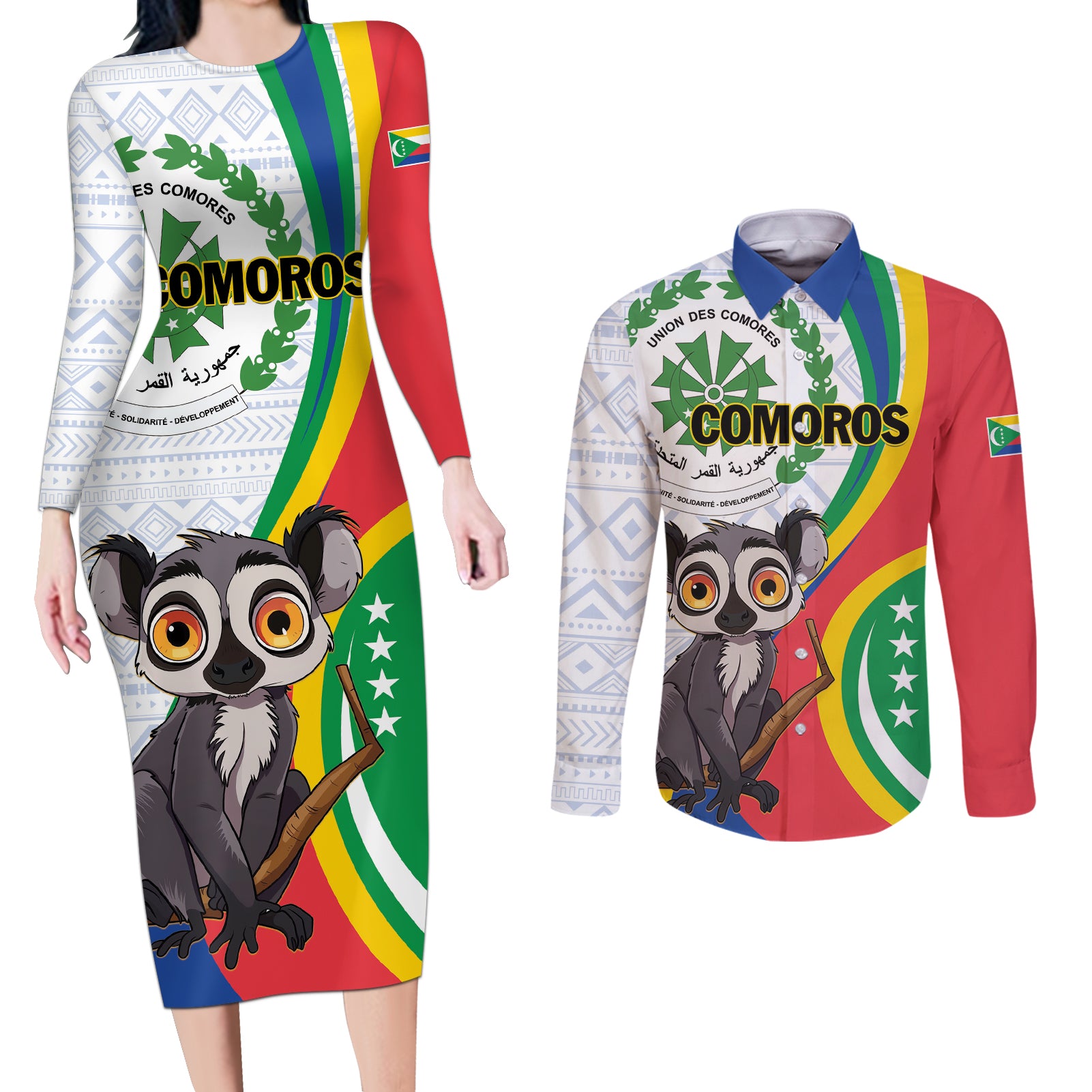 Comoros Independence Day Couples Matching Long Sleeve Bodycon Dress and Long Sleeve Button Shirt 1975 Komori Mongoose Lemur African Pattern - Wonder Print Shop