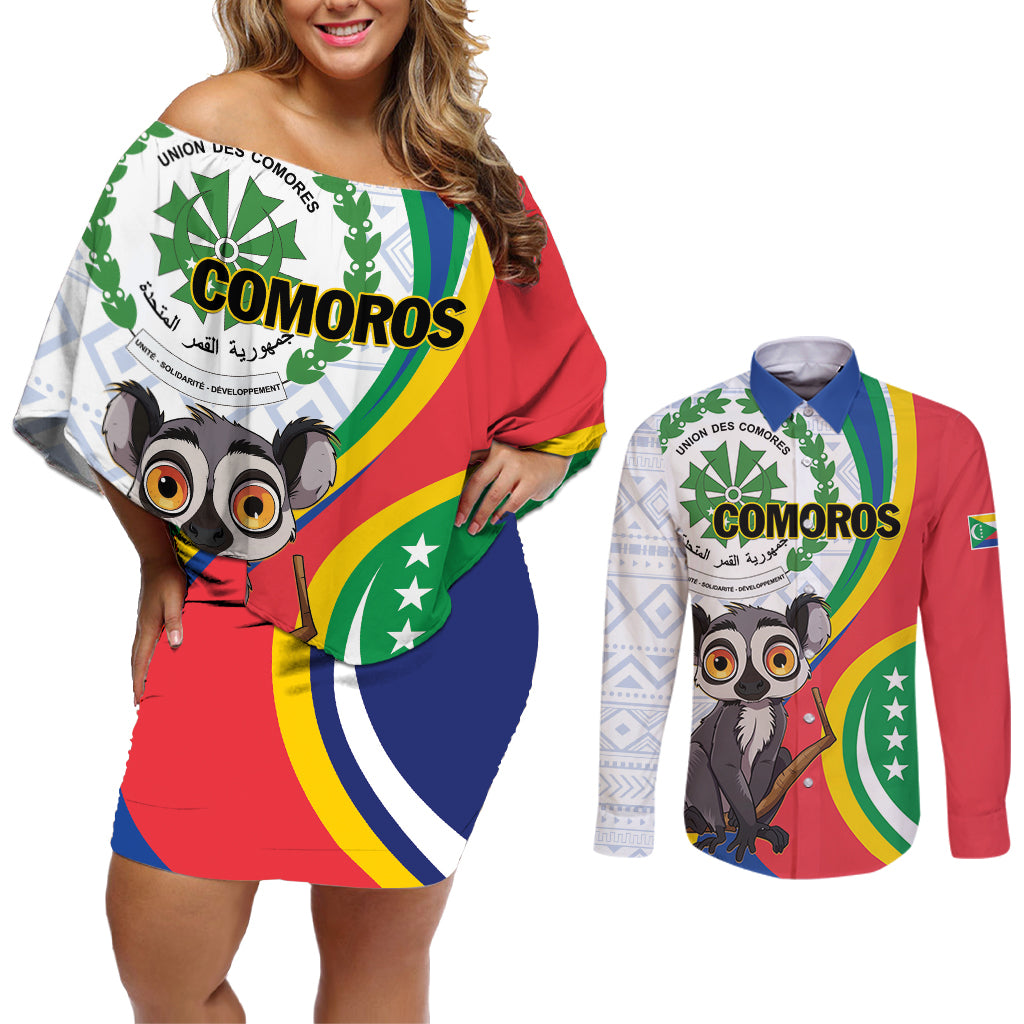 Comoros Independence Day Couples Matching Off Shoulder Short Dress and Long Sleeve Button Shirt 1975 Komori Mongoose Lemur African Pattern - Wonder Print Shop