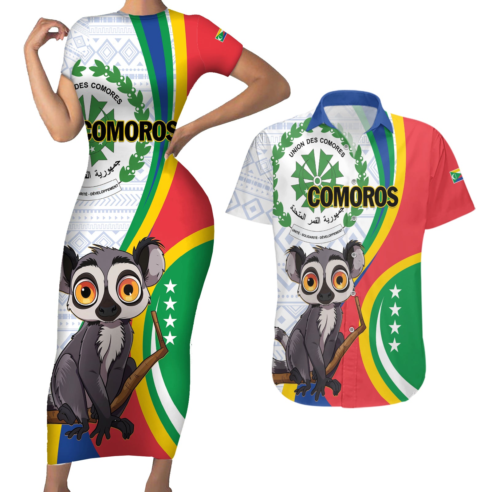 Comoros Independence Day Couples Matching Short Sleeve Bodycon Dress and Hawaiian Shirt 1975 Komori Mongoose Lemur African Pattern - Wonder Print Shop