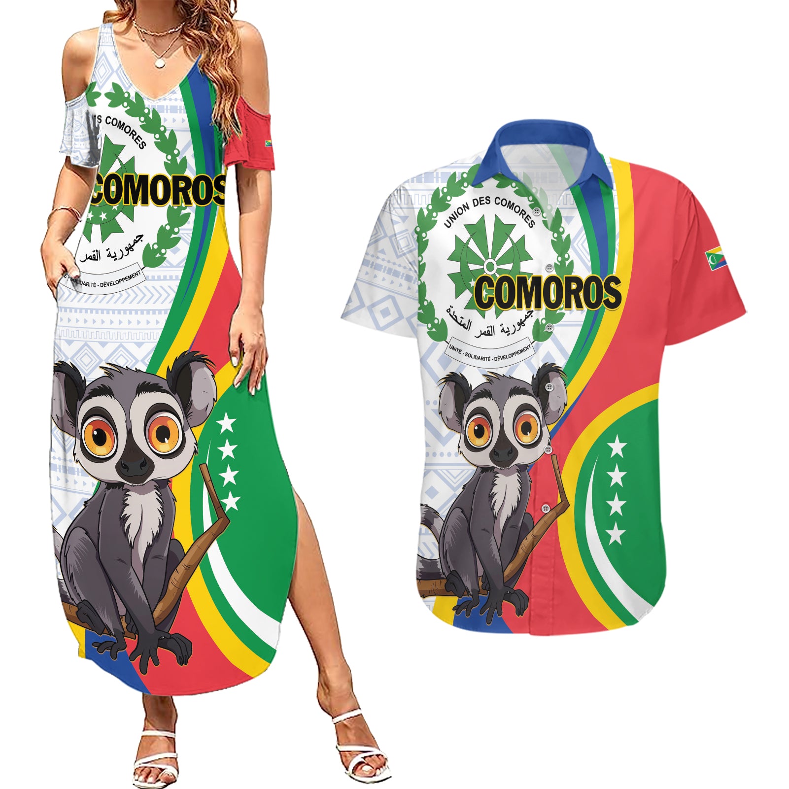 Comoros Independence Day Couples Matching Summer Maxi Dress and Hawaiian Shirt 1975 Komori Mongoose Lemur African Pattern - Wonder Print Shop