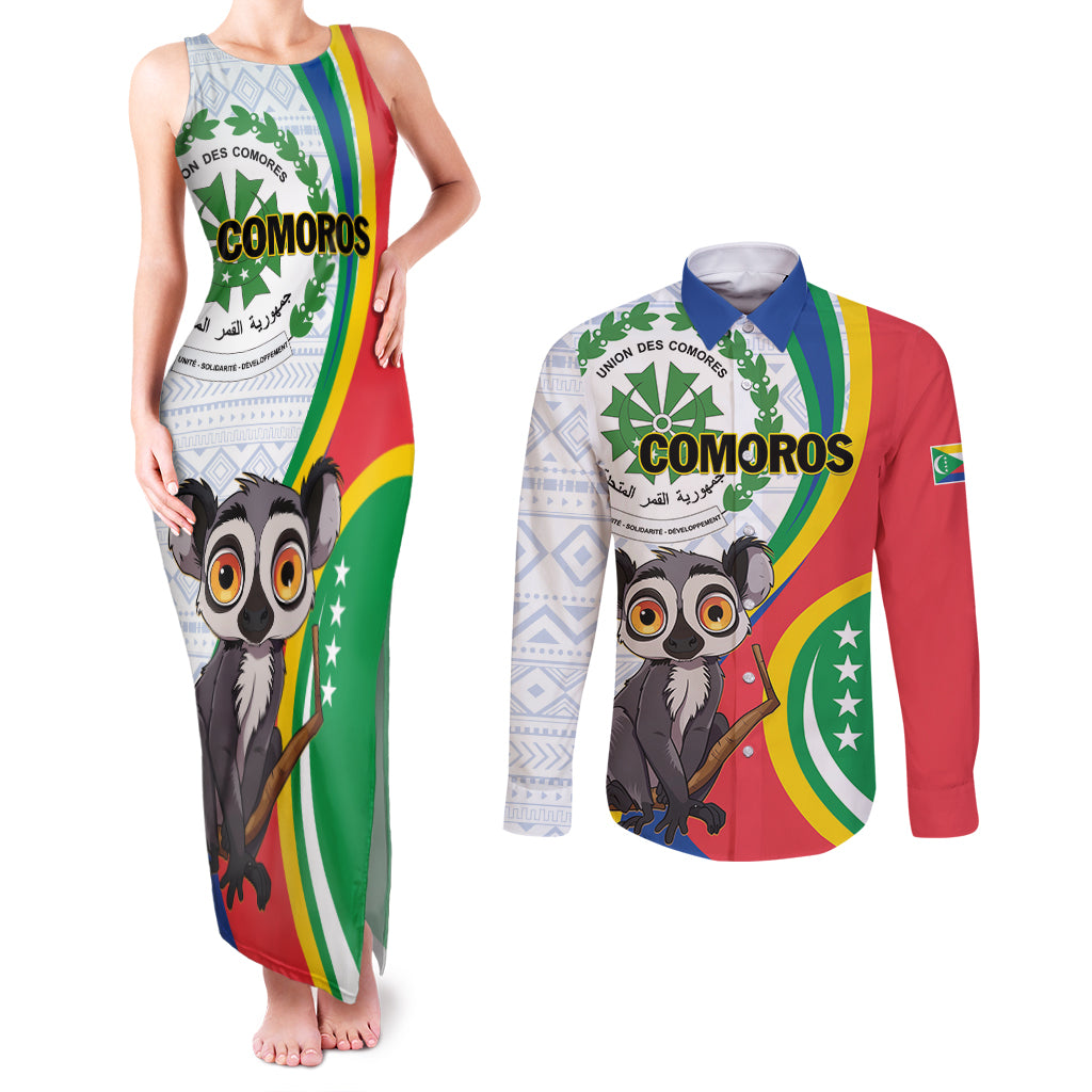 Comoros Independence Day Couples Matching Tank Maxi Dress and Long Sleeve Button Shirt 1975 Komori Mongoose Lemur African Pattern - Wonder Print Shop