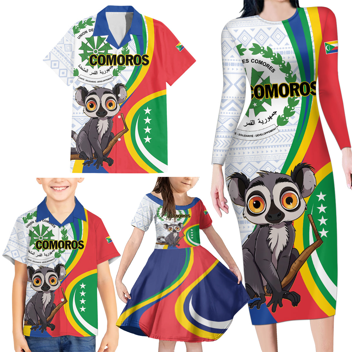 Comoros Independence Day Family Matching Long Sleeve Bodycon Dress and Hawaiian Shirt 1975 Komori Mongoose Lemur African Pattern - Wonder Print Shop