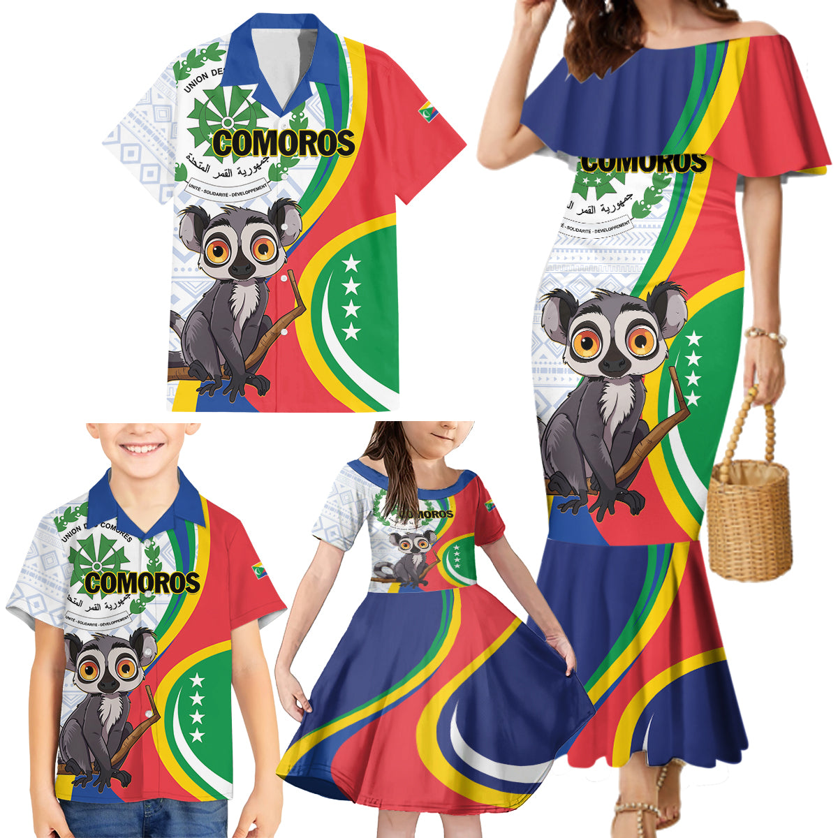 Comoros Independence Day Family Matching Mermaid Dress and Hawaiian Shirt 1975 Komori Mongoose Lemur African Pattern - Wonder Print Shop