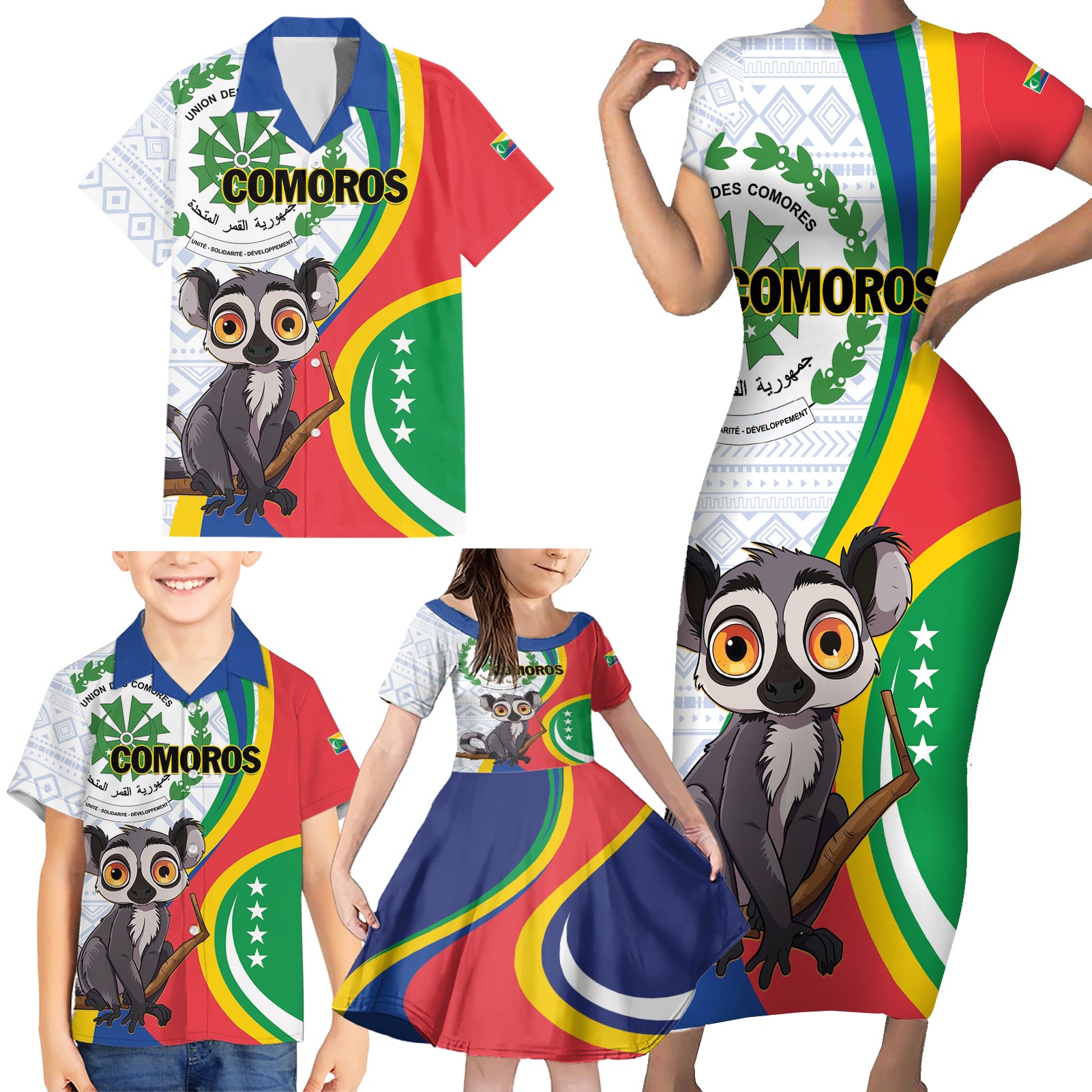 Comoros Independence Day Family Matching Short Sleeve Bodycon Dress and Hawaiian Shirt 1975 Komori Mongoose Lemur African Pattern - Wonder Print Shop