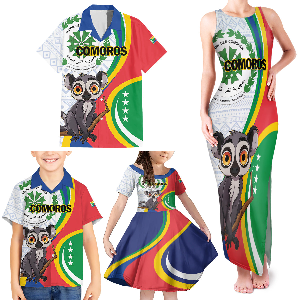 Comoros Independence Day Family Matching Tank Maxi Dress and Hawaiian Shirt 1975 Komori Mongoose Lemur African Pattern - Wonder Print Shop