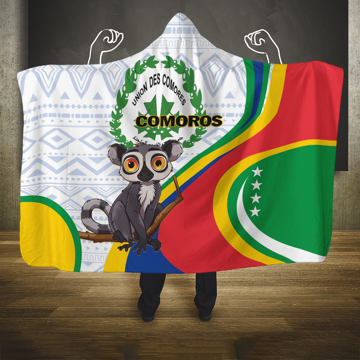 Comoros Independence Day Hooded Blanket 1975 Komori Mongoose Lemur African Pattern